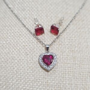 Elegant White Gold and Red Heart Jewelry Set